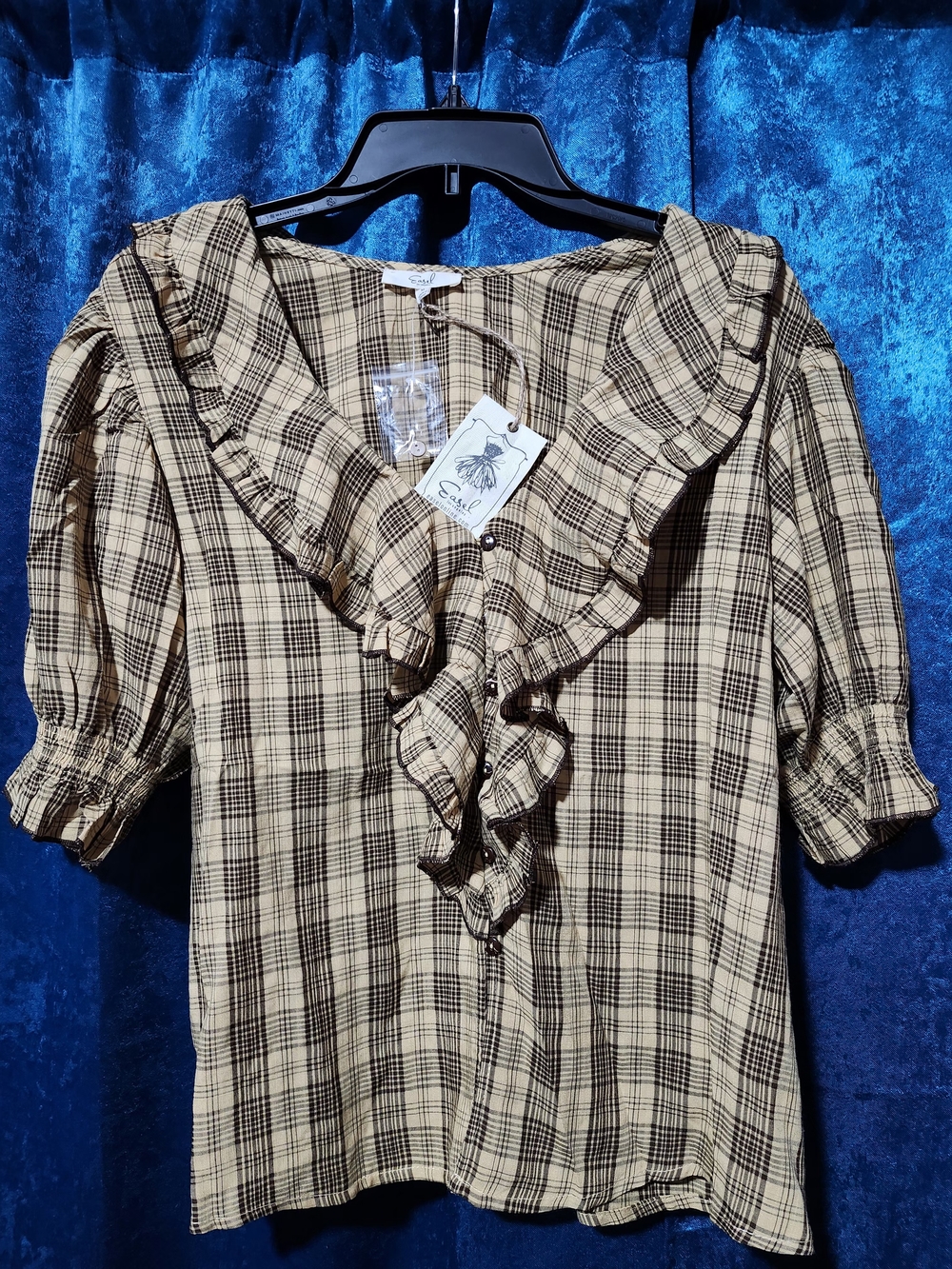 Easel Beige Plaid Ruffle V-Neck Blouse